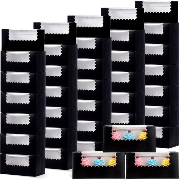 60 Pcs 8x4x4 Inch Bakery Boxes with Clear Window for Cookies Donuts Pastries Cakes Muffins Breads Desserts Candies Black
