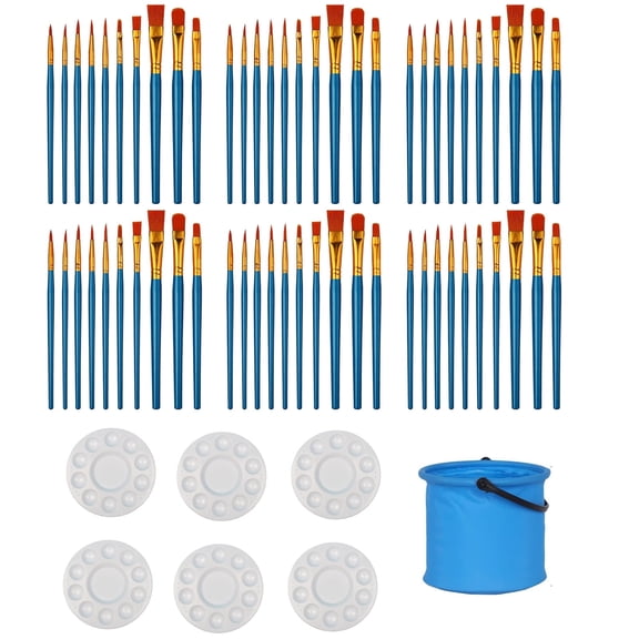 60 Pcs Acrylic Paint Brushes Watercolor Paint Brush Set with 6 Mixing Palettes and Washing Tub - Idea Gifts for Halloween, Christmas, Thanksgiving, Easter