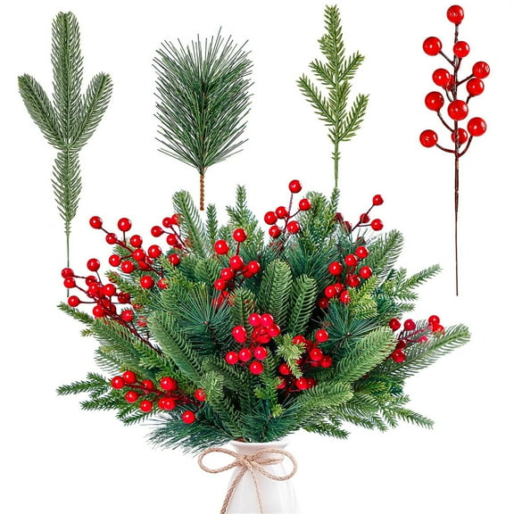 60 Pcs Artificial Pine Needles Branches,Fake Greenery Pine Twigs Picks,Artificial Red Berry Stems,Christmas Pine Needles for DIY Christmas Garland Wreath Embellishing Flower Arrangements Decoration