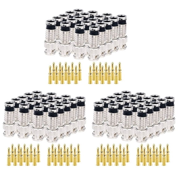 60 Pcs BNC Compression Connector 75 Ohm Coupler with Copper Pin for RG58-59 Crimper Video Plug Extension Coaxial Cable