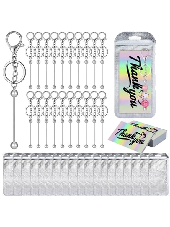60 Pcs Beadable Keychain Bars Bulk, Silver, DIY Keychain Making Kit, 20 Beaded Keychain Blanks, 20 Gift Bags & 20 Thank You Cards for Keyring Charms Craft Supplies