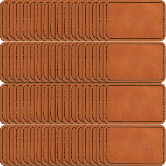 60 Pcs Blank Adhesive Hat Patches, Faux Leather Iron on Patches for Sewing Crafts, Custom Laser Engraving, Clothing Repair Decor, Brown, 3 x 2 Inches