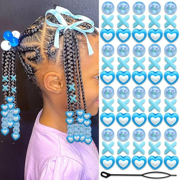 60 Pcs Blue Hair Beads for Braids, 3 Styles Bead Cute Hair Acrylic Pony Bead, Heart Shape Acrylic Colored Round Beads Hair Decoration Accessories