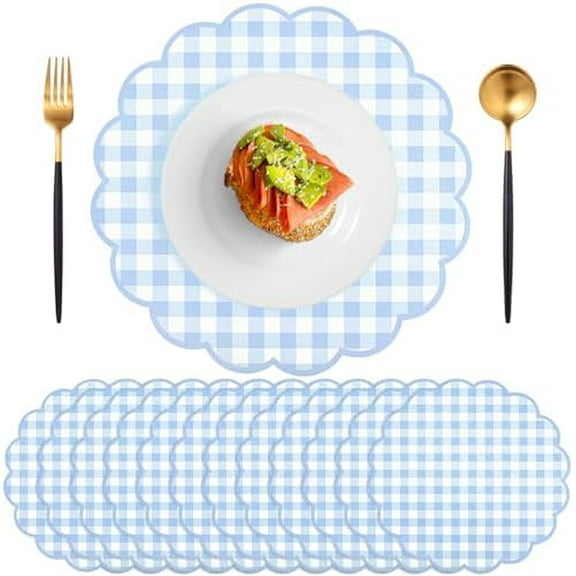60 Pcs Blue and White Gingham Paper Placemats,13.5 Inch Scalloped Blue Checkered Place Mat Disposable Table Placemats Decorative Paper for Table Setting Baby Shower Wedding Bridal Banquet Tea Party