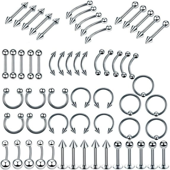 60 Pcs Body Piercing Kit Jewelry 16G Nose Rings Lip Studs Tongue Rings Stainless Steel Cartilage Earrings Tragus Eyebrow Industrial Barbell Belly Rings Body Piercing Jewelry Lot