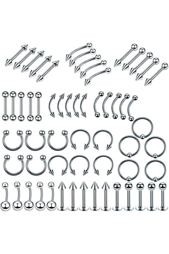 60 Pcs Body Piercing Kit Jewelry 16G Nose Rings Lip Studs Tongue Rings Stainless Steel Cartilage Earrings Tragus Eyebrow Industrial Barbell Belly Rings Body Piercing Jewelry Lot
