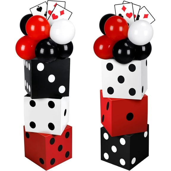 60 Pcs Casino Night Themed Party Decorations Set 6 Pcs 11 Inch Large Casino Dice Favor Boxes 6 Jumbo Poker Cards 48 Red Black White Balloon for Las Vegas Game Night Birthday Party Decor