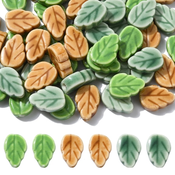 60 Pcs Ceramic Leaf Shape Beads, Handmade Porcelain Beads, 13x9x5mm, 2mm Hole, 3 Colors (20 Pcs/Color), for Jewelry Making Supplies