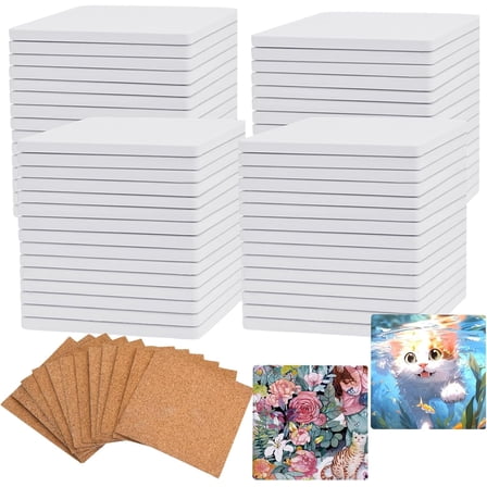 60 Pcs Ceramic Tiles for Crafts White Ceramic Coasters for Crafts Blank Unglazed Ceramic Tiles 4x4 for Painting, Alcohol Ink, Acrylic Pouring, DIY Coaster, Cork Backing Pads Included