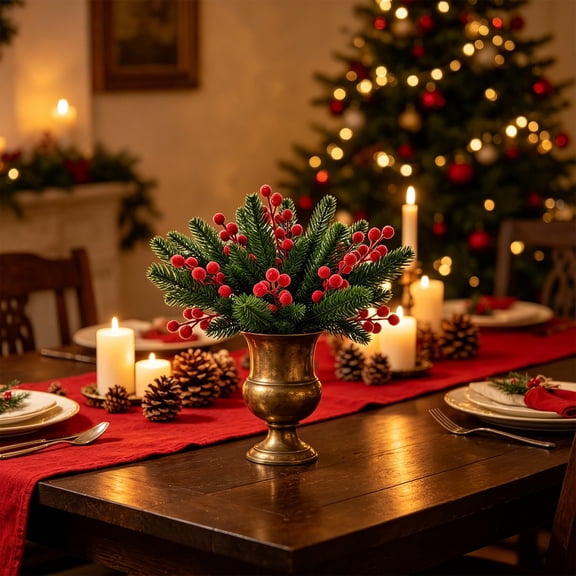 60 Pcs Christmas Artificial Pine Needle Stems & Frosted Red Berry Picks, 10.6 In Faux Holly Branches for DIY Wreath Floral Arrangement Decor
