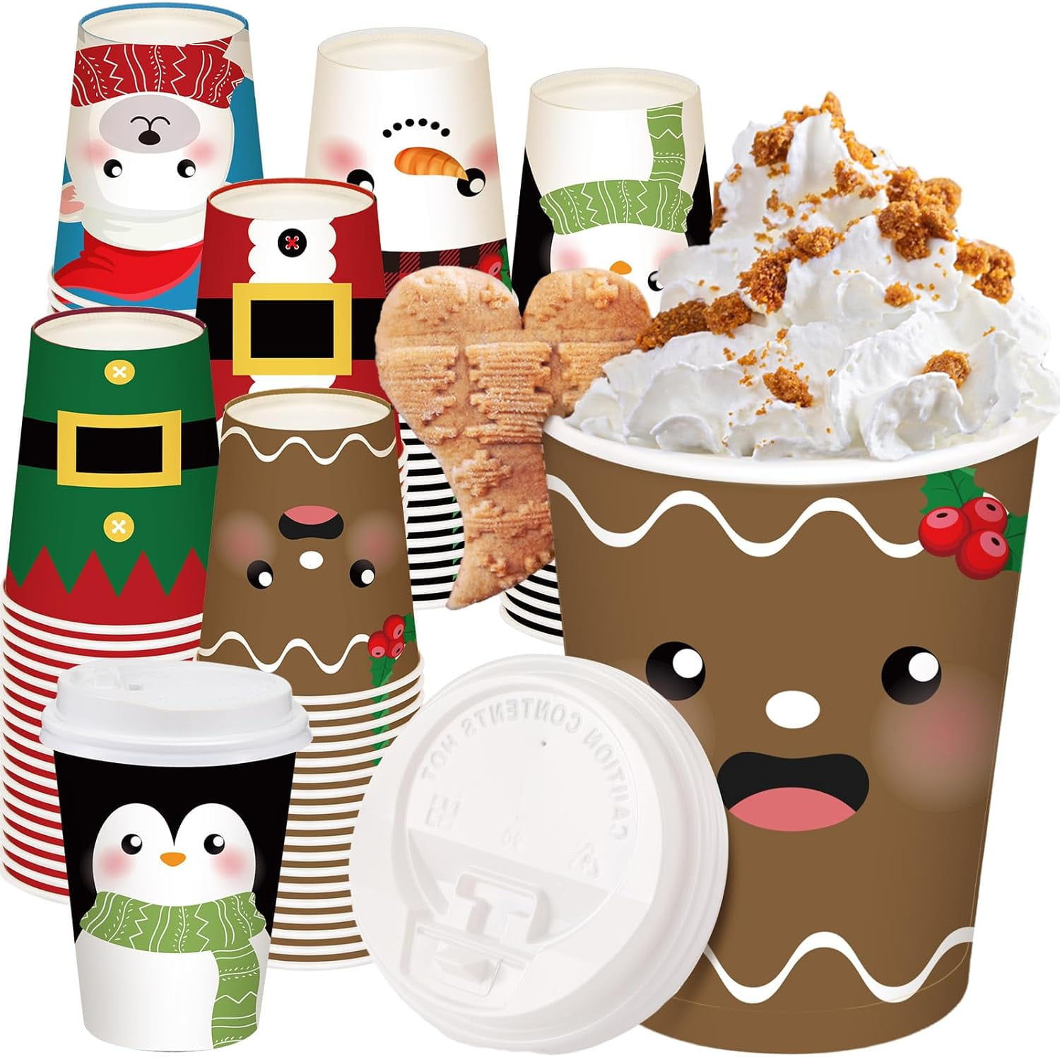 60 Pcs Christmas Coffee Cups with Lids 16 oz Disposable Holiday Coffee