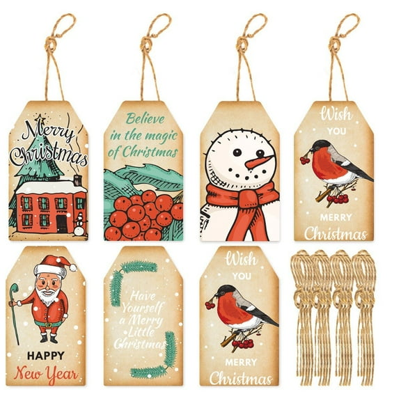 60 Pcs Christmas Gift Tags Paper Christmas Gift Labels Hanging Name Tags Labels with Rope for Christmas Gift Wrap DIY Arts and Crafts Xmas Decor