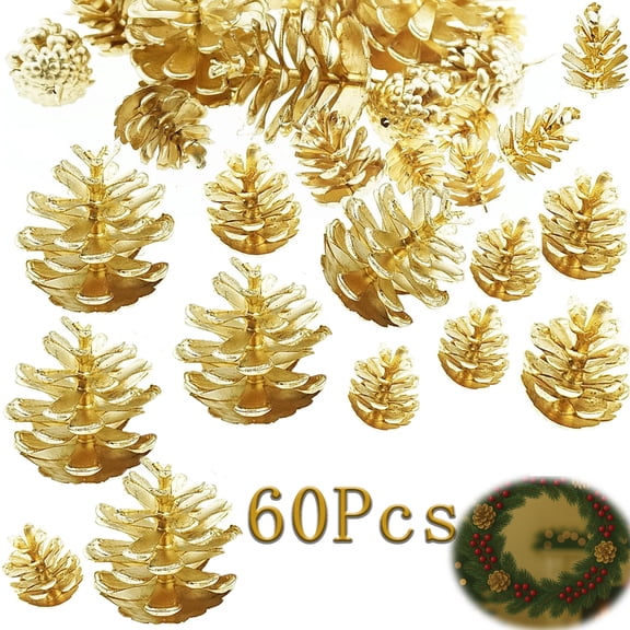 60 Pcs Christmas Gold Pine Cones Tutuviw Artificial Golden Pinecones Decorative Pine Cones for Christmas Ornaments Vase Fillers Wedding Centerpieces & Rustic Holiday Decor(3 Sizes)