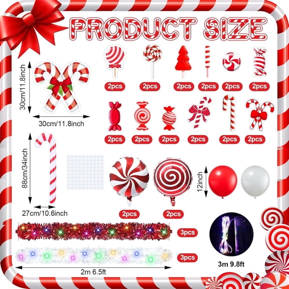 60 Pcs Christmas Parade Golf Cart Decoration Kit with Light String Candy Canes Lollipop Cutouts and Balloons Decorations Red White Tinsel Garland with Glue for Christmas Parade Holiday