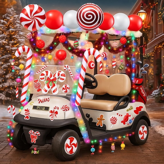 60 Pcs Christmas Parade Golf Cart Decoration Kit with Light String Candy Canes Lollipop Cutouts and Balloons Decorations Red White Tinsel Garland with Glue for Christmas Parade Holiday