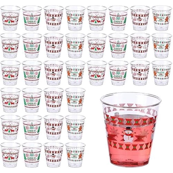 60 Pcs Christmas Ugly Sweater Plastic Shot Glasses 1.7 oz Disposable Mini Christmas Shot Cups Bulk Xmas Tree Reindeer Gingerbread Snowman Drinking Cups for Holiday Party Supplies Decoration