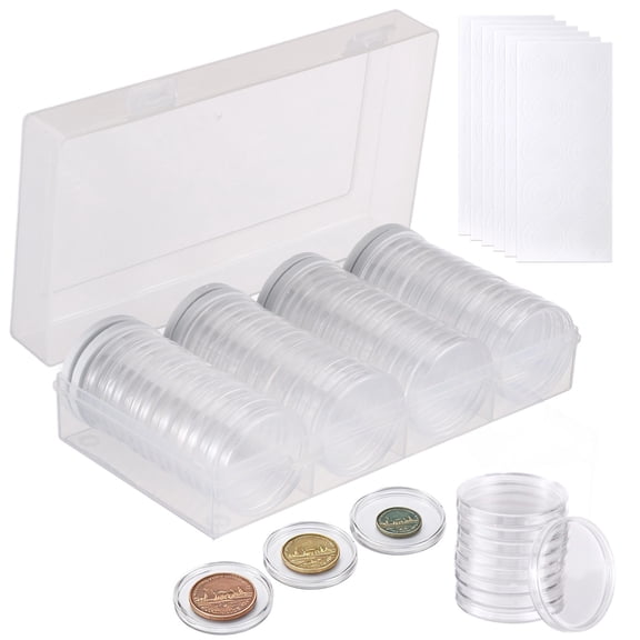 60 Pcs Coin Holder Cases, Clear Plastic Round Container with Adjustable Foam Gaskets for 40 mm Max, Coin Collection Storage Box with Divider Pads for Enthusiasts