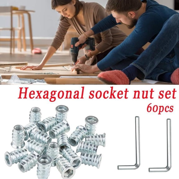 60 Pcs Composite Sockets with Hex Socket and Wide Collar, Screw-in Nut Threaded Sockets, Threaded Inserts Wooden Inserts (M8 X 20mm)