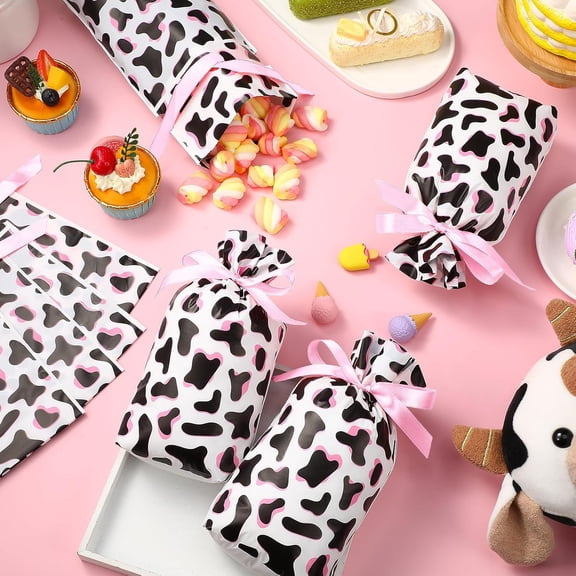 60 Pcs Cow Favor Bags Pink Cow Print Treat Candy Bags Plastic Drawstring Gift Goodie Wrapping Package Reusable Pink Cowgirl Party Favors for Cowboy Birthday Baby Shower Rodeo Party Supplies