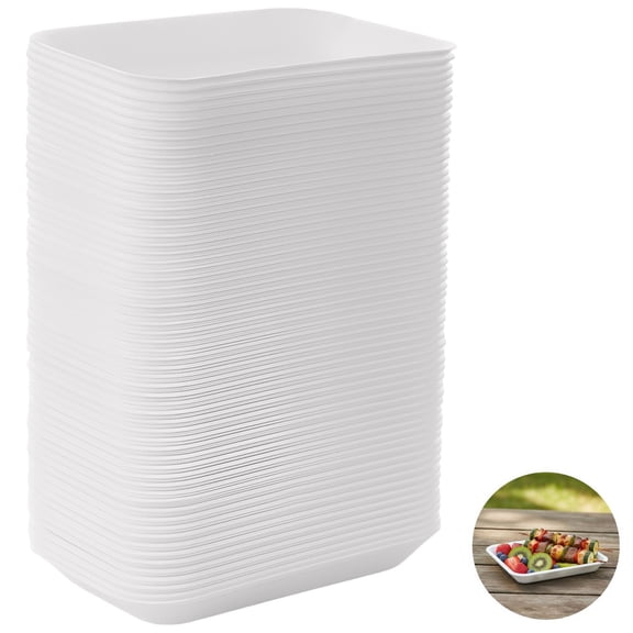 60 Count Craft Foam Plates, White Disposable Supermarket Trays for Meat Poultry Fruit, Rectangle BBQ Grill Roast Food Dishes, DIY Art Painting Handicraft Surfaces