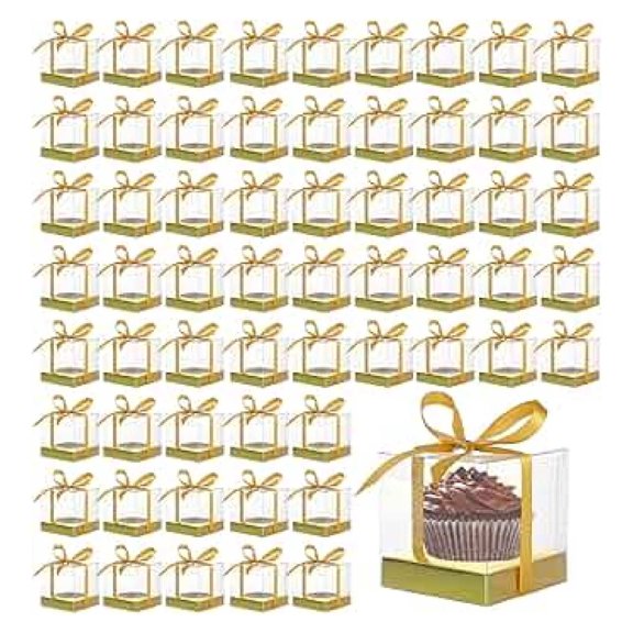 60 Pcs Cupcake Boxes 3.5 inch, Clear Plastic Single Cupcake Containers with Ribbon & Inserts - Wedding Party Favors, Birthday Treats
