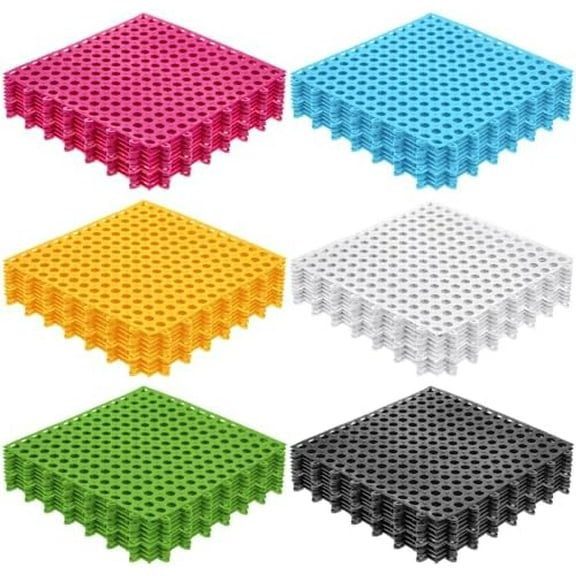 60 Pcs DRAINAGE tILES iNTERLOCKING fLOOR tILES 11.8'' X 11.8'' sOFT tpe pOOL fLOOR mAT WITH dRAIN hOLES nON sLIP dRAINAGE mAT vENTED fLOOR mATS FOR kITCHEN bATHROOM bASEMENT dECK, 6 cOLORS