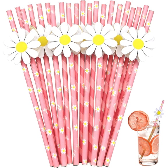 60 Pcs Daisy Print Paper Straws Disposable Pink Striped Straws for Lemonade | Cocktail, Lemonade, Milkshake, Party Decorations, Birthday, Wedding, Festival Holiday Drink Decor Pink