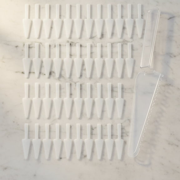 60 Pcs Disposable Plastic Cake Cutter, Cake Pie Cutter Plastic Spatula Cake Server Cutting Knives Pizza Pastry Slicer Serving Utensils for Kitchen Wedding Buffet, Clear