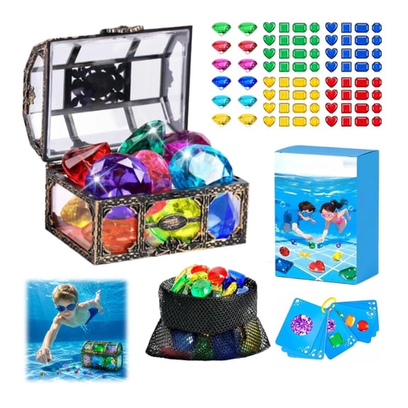 60 Pcs Diving Gems Pool Toys, Big Colorful Diamond with Pirate Treasure Chest,Swim Dive Toy for Kids Underwater Gemstone Swimming Training Gift Water Pool Games