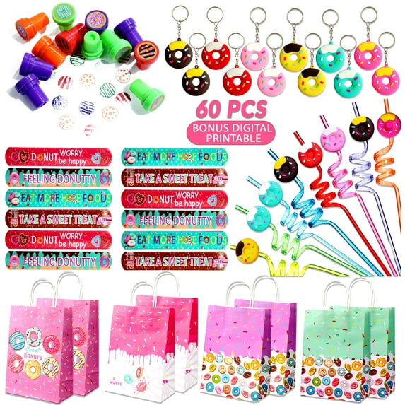 EMPIRE PARTY SUPPLY Donut Themed Party Favors - 12 Sets of Donut Paper Bags, Keychain, Straw, Wristband, Stickers