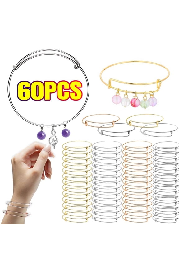 60 Pcs Expandable Bangle Bracelets, Adjustable Stainless Steel Wire Blank Bracelets Bulk for Women DIY Jewelry Making 2.6inches