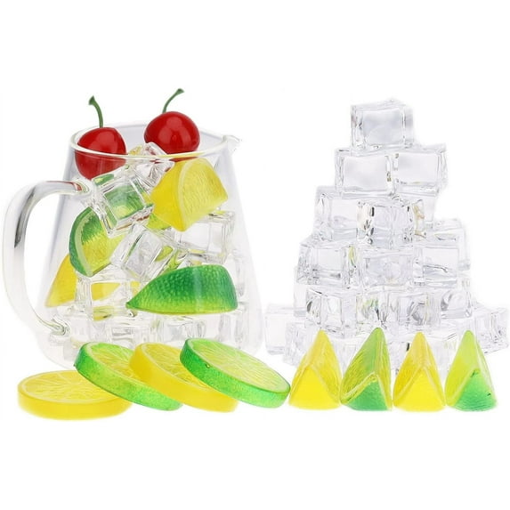 60 Pcs Fake Fruits Model Simulation Clear Ice Cube Set, Artificial Lemon & Lime Slices Blocks Plastic Cherry for Home Bar Wedding Decoration Photo Props