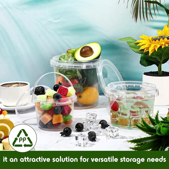 60 Pcs Food Clear Bucket Plastic Gallon Bucket Round Reusable Ice Cream Containers 32oz 16oz 8oz with Lids and Handles Airtight Clear Tub Freezer Reusable Pail for Kitchen Drinks Home, 3 Size