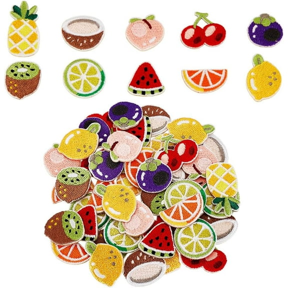 60 Pcs Fruit Iron on Patches Summer Fruit Themed Polyester Embroidered Self Adhesive Patches Watermelon Lemon Pineapple Shapes