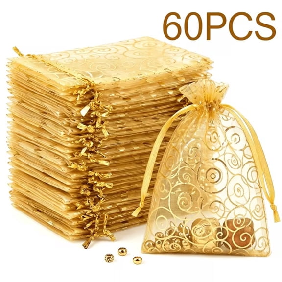 60 Pcs Golden Swirl Printed Organza Drawstring Gift Bags, Transparent Jewelry Pouch