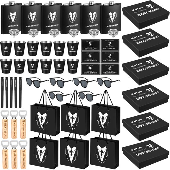 60 Pcs Groomsmen Gifts Set of 6 Stainless Steel Shot Glass, Flask, Funnel, Bottle Opener, Pen, Sunglasses, Card, Box, Bag Groomsmen Proposal Box for Wedding Party Present