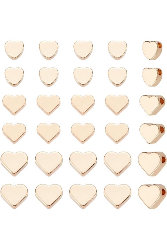 60 Pcs Heart Beads 3 Sizes Real 14k Gold Plated Brass Heart Spacer Beads European Love Heart Beads Small Hole Loose Beads for Bracelet Necklace Jewelry Making for DIY
