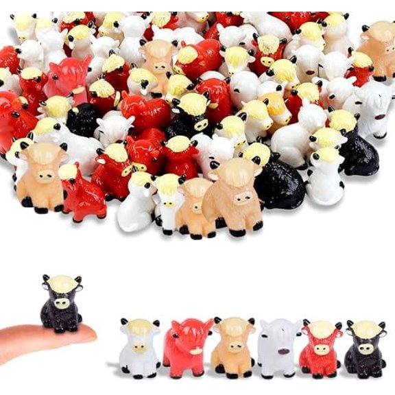 60 Pcs Highland Cow Figurines, 6 Unique Designs Resin Animal Statues, Mini Cute Decor for Micro Landscape, Garden, Office, Desk and Tabletop Display