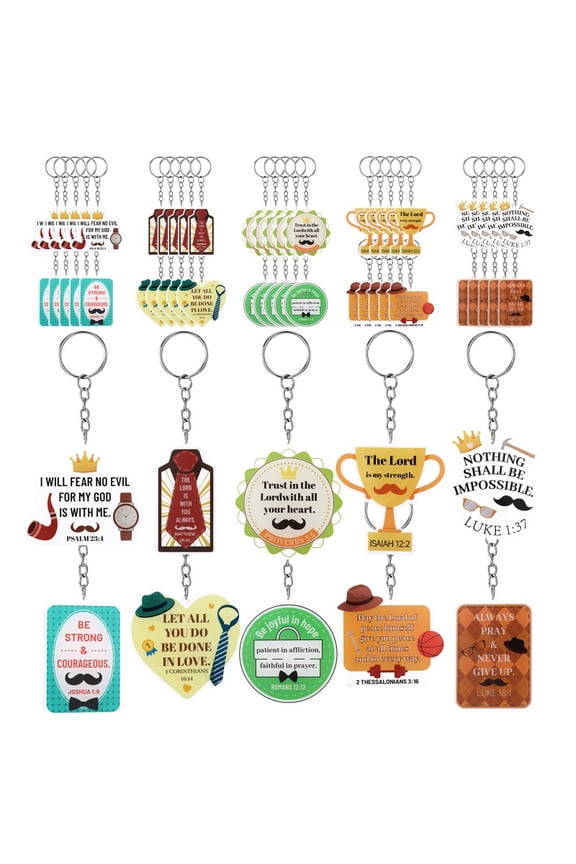 60 Pcs Inspirational Bible Verse Keychain Set for Fathers Day, Multicolor Acrylic Religious Gift with Hat Tie Mustache Design for Men, Church Events Faith Based Gift Giving and Christian Celebration