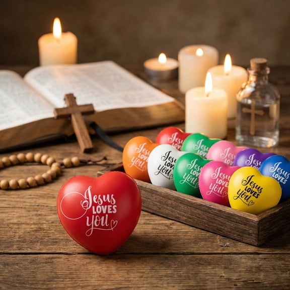 60 Pcs Jesus Loves You Heart Shaped Stress Balls, 1.57 Inch PU Foam Squishy Ball, Colorful Christian Gifts Bulk, Stress Relief Toys for Baptism Communion Religious Events Exam prep