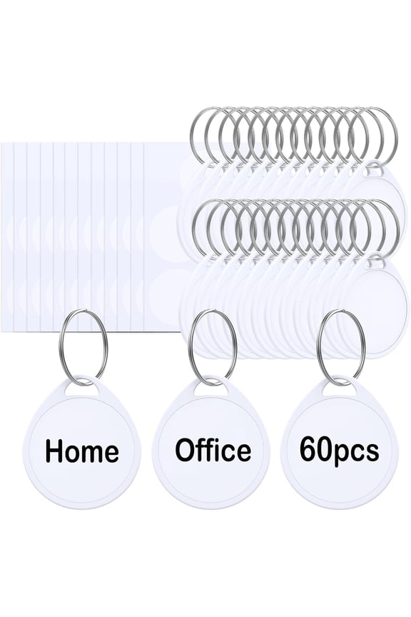 60 Pcs Key Tags, 1.5 Inch Round Blank Key Tags Labels with Stickers & Split Rings, Tough Reusable Plastic Key Identifiers for Home Office School, Rental Property Management Organization (White)