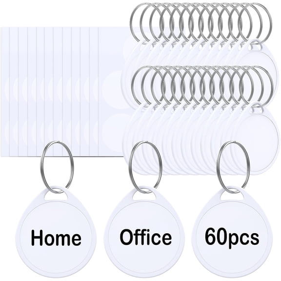60 Pcs Key Tags 1.5 Inch Tough Plastic Reusable Key Tags Sturdy Round White Item Identifiers with Blank Paper Label Stickers and Split Rings - Ideal for Home,Office and Rental Management Use
