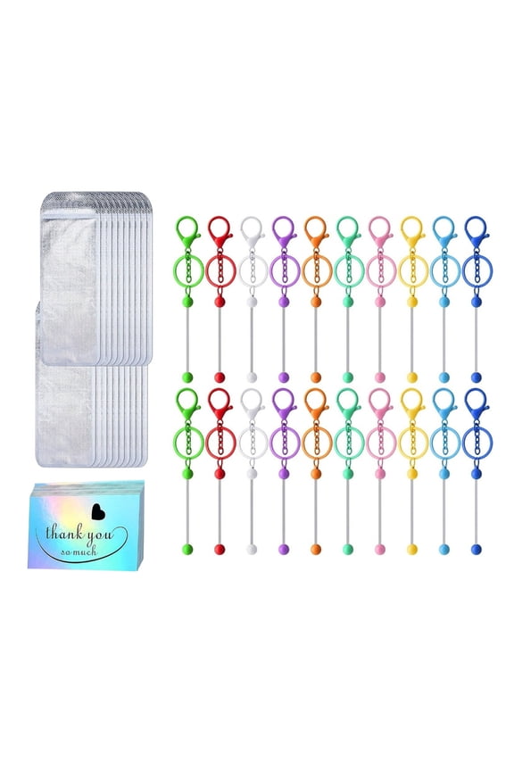 60 Pcs Keychain Set Metal Bead Rods Resealable Bags and Thank You Cards