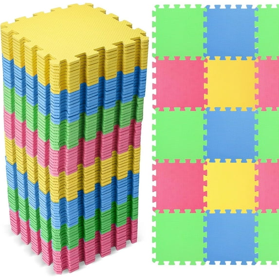 60 Pcs Kids Foam Puzzle Floor Mat Bulk Solid Color Foam Play Mat with Borders Interlocking Multi Use Floor Rug for Baby Toddler Children 12 Inch (Green, Blue, Yellow, Red)