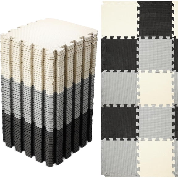 60 Pcs Kids Foam Puzzle Floor Mat Bulk Solid Color Foam Play Mat with Borders Interlocking Multi Use Floor Rug for Baby Toddler Children Crawling Exercise Playroom 12 inch (Black, White, Gray)