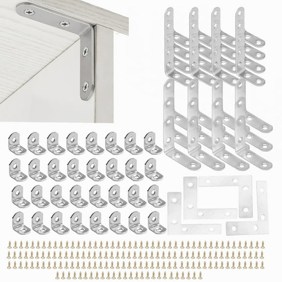 60 Pcs L Bracket for Wood Stainless Steel Corner Brace 90 Degree L Shaped Bracket with 176 Screws for Furniture Fixation