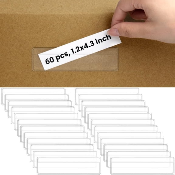 60 Pcs Label Holders Adhesive Shelf Tags 1 x 4.1 in Clear Plastic Labels for Storage Bins with Name Label Badge Inserts, Removable Adhesive Pockets for Shelf Mailbox Binders Drawers Cabinets Organizer