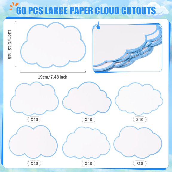 60 Pcs Large White Cloud Cutouts 7.48x5.12 Inch Paper Die-Cuts for Bulletin Board Classroom Decor
