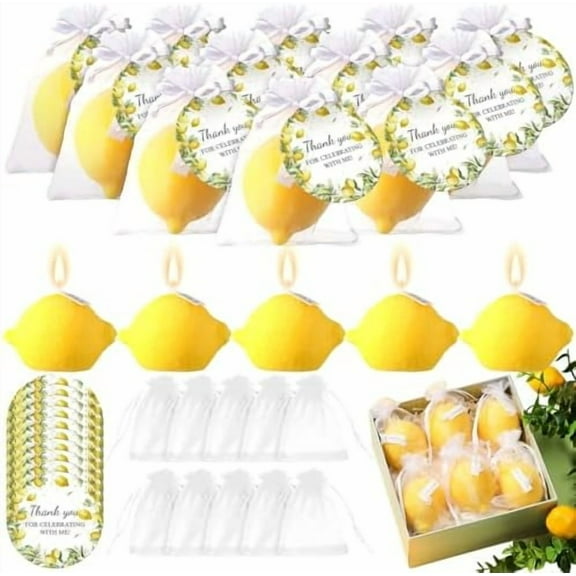 60 Pcs Lemon Baby Shower Favors Includes Fruit Aroma Soy Wax Candle Thank You Cards Lemon Theme Gifts Organza Bags for Weddings Bridal Shower Favors Party Decorations