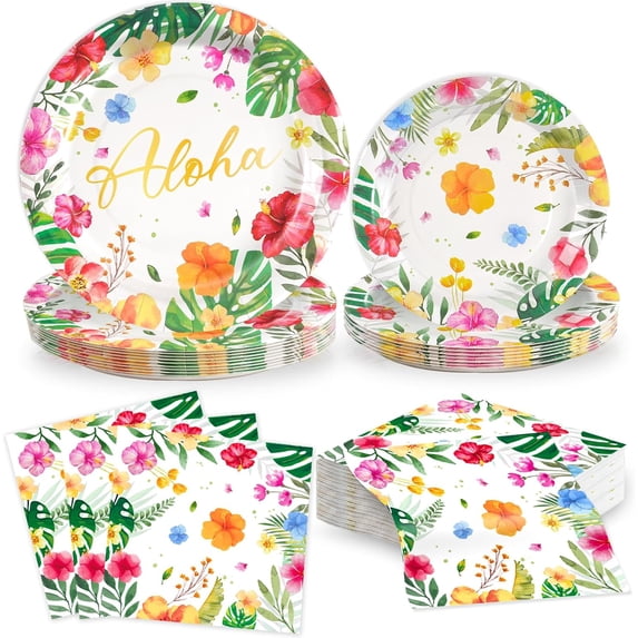 60 Pcs Luau Party Tableware Decorations, Aloha Tropical Disposable Dinnerware Set including Paper Plates with Napkins for Hawaiian Tropical Summer Birthday Party Supplies, Serves 20